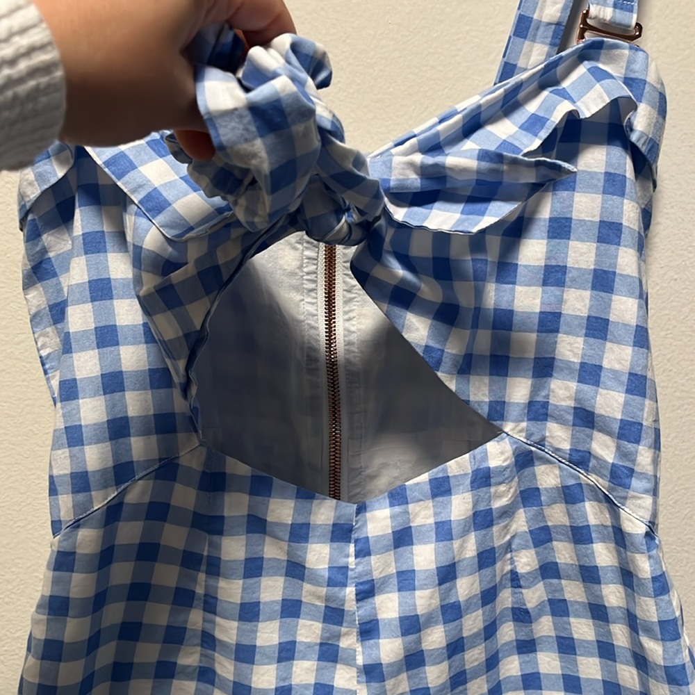 FOR LOVE AND LEMONS Gingham Blue Dixie Bow Romper, Size S - Picture 7 of 15